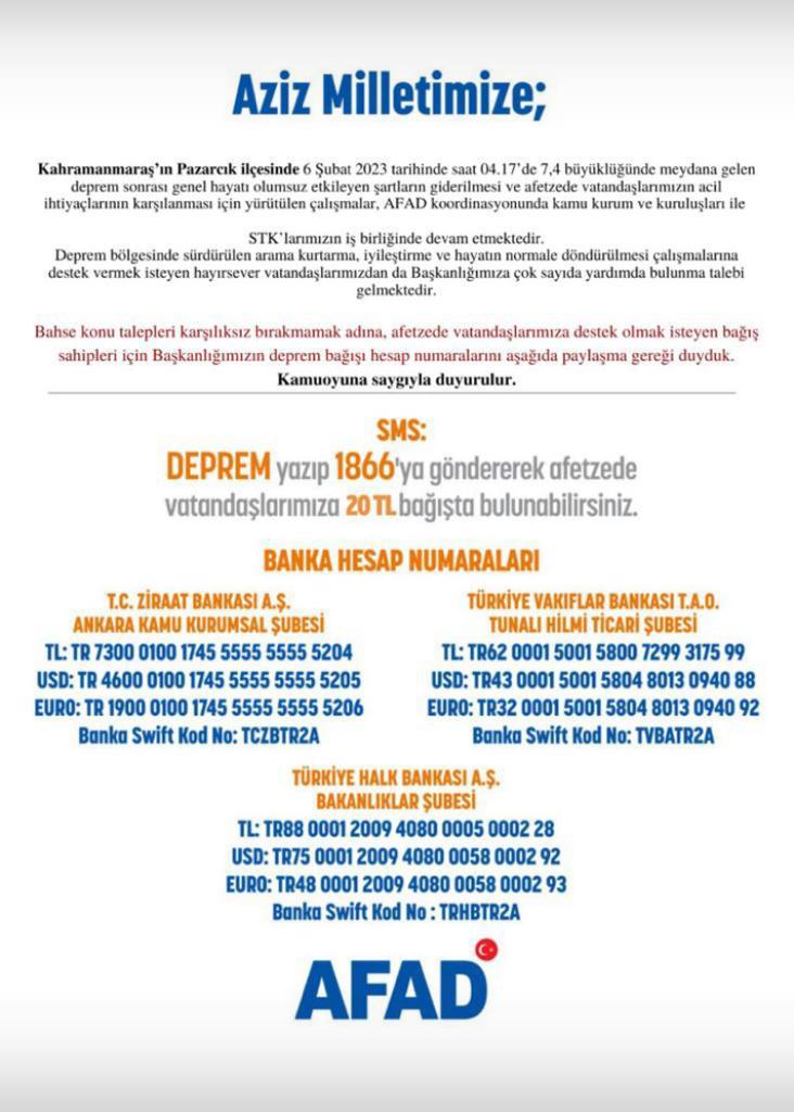 DEPREM BÖLGELERİ İÇİN İHTİYAÇ DUYULAN NAKDİ YARDIM KAMPANYA BİLGİLERİ
